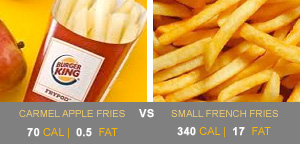 Burger King apple fries, 70 calories, 0.5 g fat VS Burger Kings' small french fries at 340 calories, 17 g fat